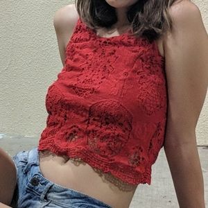 cropped red lace box top